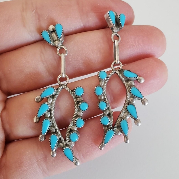 Vintage Jewelry - Handmade Vintage Sterling Silver Native American Genuine Turquoise Leaf Earrings